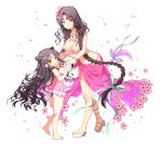  2girls :d bare_shoulders bikini black_hair blue_ribbon bracelet braid breasts cherry_blossoms chest_tattoo cleavage collarbone fate/grand_order fate_(series) flower forehead_tattoo hair_flower hair_ornament hair_over_shoulder hair_ribbon highres holding_hands jewelry large_breasts long_braid long_hair multicolored_hair multiple_girls necklace open_mouth pearl_bracelet pearl_necklace petals pink_hair pink_sarong ribbon sakura_tsubame sandals sesshouin_kiara_(lily) sesshouin_kiara_(swimsuit_mooncancer)_(fate) smile streaked_hair swimsuit tattoo twin_braids very_long_hair white_bikini yellow_eyes 