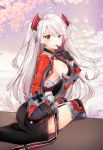  1girl antenna_hair azur_lane bangs blush breasts cherry_blossoms commentary_request eyebrows_visible_through_hair hair_between_eyes iron_cross large_breasts long_hair looking_at_viewer mole mole_on_breast multicolored_hair prinz_eugen_(azur_lane) red_hair silver_hair solo streaked_hair togetsu_grass two_side_up 