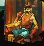  anthro canid canine canis classroom clothing domestic_dog erection hi_res leaking male mammal orioz public school shirt solo_focus tank_top tense topwear wolf 