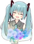  1girl :d ^_^ bangs bare_shoulders blue_flower blue_hair blue_neckwear blue_rose blush closed_eyes collared_shirt commentary english_commentary eyebrows_visible_through_hair facing_viewer flower gradient_hair green_hair grey_shirt hair_between_eyes hair_ornament hatsune_miku head_tilt headphones headset highres long_hair multicolored_hair necktie open_mouth purple_flower rose shirt sleeveless sleeveless_shirt smile solo tsukiyo_(skymint) twintails upper_body vocaloid 