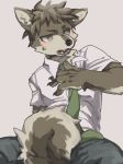  anthro blush canid canine clothed clothing danganronpa danganronpa_2 embarrassed fully_clothed hajime_hinata hi_res male mammal solo spread_legs spreading tail_between_legs 