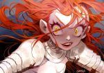  1girl armor breasts cleavage face gamza long_hair orange_hair original parted_lips pauldrons red_lips shoulder_armor signature smile solo teeth upper_body wide-eyed yellow_eyes 