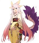  1girl absurdres blue_eyes blush breasts claws collarbone dragon_girl gradient_hair hands_on_stomach highres holding_stomach horns humanization japanese_clothes kimono long_hair long_sleeves looking_at_viewer miao_yao_cha mizutsune monster_girl monster_hunter multicolored_hair obi open_mouth patterned_clothing pink_hair pregnant sash short_eyebrows small_breasts smile solo tail tail_wagging thick_eyebrows very_long_hair wide_sleeves yellow_kimono 