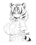  2020 4:5 animal_humanoid bengal_tiger_(kemono_friends) big_breasts bottomwear breasts clothed clothing felid felid_humanoid female greyscale hair huge_breasts humanoid inner_ear_fluff kemono_friends mammal mammal_humanoid monochrome necktie pantherine pantherine_humanoid shirt short_hair signature skirt solo striped_gloves striped_hair striped_tail stripes tiger_humanoid topwear tuft watermark yoshida_hideyuki 