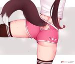  1girl ass ass_cutout black_legwear bluefield brown_hair butt_crack cameltoe clothes_writing english_commentary fox_tail from_behind grey_background highres long_hair lower_body midriff noihara_himari omamori_himari pink_shorts short_shorts shorts skindentation solo spread_legs sweat tail tail_through_clothes thighhighs 