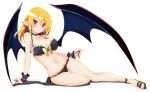  1girl alternate_hairstyle bare_shoulders bat_wings bikini black_bikini blonde_hair breasts demon_girl disgaea earrings eyebrows_visible_through_hair frilled_bikini frills iwasi-r jewelry looking_at_viewer makai_senki_disgaea_2 medium_breasts navel pointy_ears red_eyes rozalin side-tie_bikini sidelocks simple_background smile solo swimsuit white_background wings 