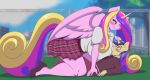  2020 anthro blurred_background blush bottomwear clothed clothing detailed_background digital_media_(artwork) duo equid equine eyebrows fan_character female footwear friendship_is_magic hasbro horn mammal mastergodai my_little_pony outside princess_cadance_(mlp) shadow skirt tree unicorn winged_unicorn wings 