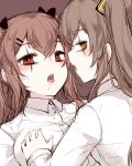  after_kiss alternate_costume black_ribbon blush breast_grab breast_squeeze breasts brown_background brown_eyes brown_hair girls_frontline grabbing highres hourai_kochou incest looking_at_viewer open_mouth ribbon saliva saliva_trail scar scar_across_eye shirt simple_background tongue tongue_out twintails ump45_(girls_frontline) ump9_(girls_frontline) white_shirt yellow_eyes yuri 