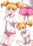  1girl blonde_hair bloomers fresh_precure! highres looking_at_viewer momozono_love nakahira_guy open_mouth pink_eyes precure scrunchie simple_background smile underwear white_legwear 