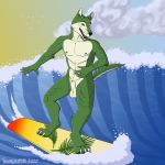  1:1 2020 4_toes 5_fingers animal_genitalia anthro ball_tuft balls canid canine canis casual_nudity claws fingers fully_sheathed fur genitals green_body green_eyes green_fur green_nipples greeny_(odisaodi) hi_res male mammal multicolored_body multicolored_fur muscular muscular_anthro muscular_male nipples sea sheath short_fur solo surfboard surfer surfing toes trashgriffin tuft two_tone_body two_tone_fur vehicle water watercraft wave wolf 