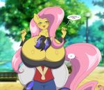  2020 5_fingers ambiguous_gender anthro big_breasts blurred_background blush breasts clothing detailed_background dialogue digital_media_(artwork) duo english_text equid equine eyebrows fan_character female female/ambiguous fingers fluttershy_(mlp) friendship_is_magic front_view hasbro head_in_cleavage horn huge_breasts hyper hyper_breasts mammal mastergodai my_little_pony open_mouth outside text unicorn 