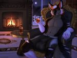  2020 aberfeldy absurd_res alcohol anthro armchair athoswolf1337 balcony beverage big_bulge black_body black_bottomwear black_clothing black_fur black_nose black_shorts blue_claws blue_eyes bottle bottomwear bulge canid canine canis carpet chair claws clockhands clothing detailed_background digital_media_(artwork) digitigrade evening eyebrows fire fireplace fur furniture glass glass_door grey_body grey_fur hair hi_res huge_bulge inviting light looking_at_viewer luxury male mammal moon moonlight mountain multicolored_body multicolored_ears multicolored_fur multicolored_hair multicolored_tail neck_tuft orange_body orange_eyebrows orange_fur orange_pawpads pawpads shorts sitting smile snow snowing solo spread_legs spreading stripes tail_aside text tight_bottomwear tight_clothing tight_shorts tuft url waiting whiskers whiskey white_body white_fur white_stripes winter wolf 