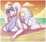  2020 4_fingers absurd_res antennae_(anatomy) anthro beach beach_towel big_breasts big_butt bikini blue_eyes blush border breasts butt cleavage clothed clothing cloud dragon eyelashes eyewear eyewear_on_head female fingers furgonomics gellie_(snackbunnii) goodra hair hi_res holding_object huge_breasts long_hair lying nintendo on_front open_mouth open_smile outside pok&eacute;mon pok&eacute;mon_(species) purple_body purple_hair sand sea seaside sky smile snackbunnii solo sunglasses sunglasses_on_head sunset swimwear thick_thighs tongue video_games water white_body white_border 