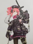  1girl absurdres candy food fur_trim girls_frontline gun h&amp;k_mp7 highres lave2600 lollipop mp7_(girls_frontline) red_hair side_ponytail solo submachine_gun traditional_media weapon yellow_eyes 