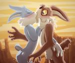  absurd_res anthro blush brown_body brown_fur bugs_bunny canid canine canis clothing coyote duo fur gallardo gloves grey_body grey_fur handwear hi_res holding_head kissing lagomorph leporid looney_tunes male male/male mammal rabbit warner_brothers wile_e._coyote yellow_eyes yellow_sky 