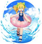  1girl android blonde_hair blue_sky bow capcom cloud facing_viewer full_body green_eyes hair_bow highres holding holding_innertube innertube long_hair looking_at_viewer mizuno_keisuke official_art open_mouth ponytail rainbow rockman rockman_(classic) rockman_x_dive roll_(rockman) school_swimsuit sky smile solo summer swimsuit transparent_background water 