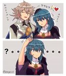  1boy 1girl bangs blue_eyes byleth_(fire_emblem) byleth_(fire_emblem)_(female) closed_eyes confused corrin_(fire_emblem) corrin_(fire_emblem)_(male) fire_emblem fire_emblem:_three_houses fire_emblem_fates fire_emblem_heroes highres kiriya_(552260) manakete nintendo open_mouth petting smile 