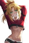  1girl arms_up bangs black_shorts blonde_hair blush breasts commentary crop_top crop_top_overhang dolphin_shorts fate/apocrypha fate_(series) green_eyes grin hair_ornament hair_scrunchie highres jewelry long_hair long_sleeves looking_at_viewer medium_breasts midriff mordred_(fate) mordred_(fate)_(all) navel necklace no_bra parted_bangs pendant ponytail red_scrunchie scrunchie short_shorts shorts sidelocks simple_background small_breasts smile tonee underboob white_background 