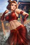  1girl avatar:_the_last_airbender avatar_(series) bare_shoulders blue_eyes breasts brown_hair commentary detached_sleeves large_breasts midriff navel nudtawut_thongmai parted_lips ponytail red_sleeves short_hair solo suki wide_hips 