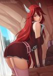  1girl ass ass_focus bare_shoulders belt belt_buckle buckle cave cave_interior closed_mouth commentary cordelia_(fire_emblem) deilan12 dress elbow_gloves english_commentary fire_emblem fire_emblem_awakening gloves hair_between_eyes hair_ornament highres lips long_hair looking_at_viewer miniskirt pink_belt red_dress red_eyes red_gloves red_hair red_skirt skirt smile solo thighhighs thighs wing_hair_ornament 