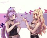  2girls black_tank_top blonde_hair blue_eyes choker long_hair macross macross_delta macross_frontier mikumo_guynemer multiple_girls navel pants pointing purple_hair red_eyes ryu_(masu_nantoka-san) sheryl_nome tank_top track_pants very_long_hair white_tank_top 