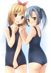  2girls :d ass bare_arms bare_shoulders blonde_hair blue_swimsuit blush brown_eyes closed_mouth commentary_request cowboy_shot grey_hair hair_ribbon hands_on_another&#039;s_shoulder highres looking_at_viewer multiple_girls old_school_swimsuit one-piece_swimsuit open_mouth original red_ribbon ribbon school_swimsuit shibacha smile standing swimsuit twintails 