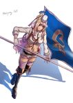  1girl blonde_hair blue_eyes breasts flag hat highres holding holding_flag looking_up macross macross_frontier medium_breasts midriff navel ryu_(masu_nantoka-san) sheryl_nome solo white_headwear 