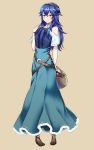  ameno_(a_meno0) blue_dress blue_eyes blue_hair blue_headwear breasts dress fire_emblem fire_emblem_awakening fruit_basket full_body hand_on_own_chest long_skirt lucina_(fire_emblem) off_shoulder simple_background skirt small_breasts tiara 