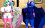  3d_(artwork) absurd_res anthro anthrofied big_breasts breasts clothing digital_media_(artwork) duo equid female friendship_is_magic hi_res horn huge_breasts hyper hyper_breasts legwear lips mammal mostly_nude my_little_pony nipples princess_celestia_(mlp) princess_luna_(mlp) thick_lips thigh_highs vladichslg wide_hips winged_unicorn wings 