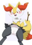  ambiguous_gender anthro big_ears blush braixen diaper digitigrade embarrassed hi_res nintendo nyanyakotarou open_mouth paws pok&eacute;mon pok&eacute;mon_(species) solo stick teeth tongue upskirt video_games 