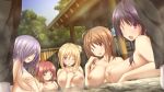  5girls arm_between_breasts bangs bathing blonde_hair blue_eyes blush breast_conscious breasts brown_eyes brown_hair covering_nipples fuwa_yura game_cg hair_bun hair_over_one_eye hand_on_own_chest koku large_breasts lavender_hair legs liz_mathers long_hair looking_at_viewer multiple_girls navel nipples one_eye_closed onsen open_mouth outdoors purple_eyes purple_hair sakuramiya_hio seishun_fragile short_hair short_ponytail sidelocks small_breasts smile toba_setsuna uzuki_yukine walk-in wet 