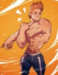  1boy abs bandaid bara blonde_hair blue_eyes blush boku_no_hero_academia bulge chest cowboy_shot highres holo_eden male_focus muscle pectorals shirtless short_hair smile solo stretch toogata_mirio upper_body 