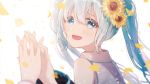  1girl 1other :d armpit_crease backlighting bare_shoulders blue_eyes blue_hair blue_nails blurry blurry_foreground blush bokeh collared_shirt commentary_request depth_of_field fingernails floating_hair flower hair_between_eyes hair_flower hair_ornament hand_up hands happy hatsune_miku head_tilt highres holding_hands interlocked_fingers light_particles long_hair long_sleeves looking_at_viewer looking_back necojishi open_mouth petals shaded_face shiny shiny_hair shirt sidelocks simple_background sleeveless sleeveless_shirt smile sunflower tareme twintails very_long_hair vocaloid white_background white_shirt yellow_flower 