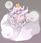  1girl 2018 :&lt; absurdres artist_name blush boo breasts cleavage collar covering_face crown dress earrings eyebrows_visible_through_hair frilled_collar frilled_dress frilled_gloves frills ghost gloves grey_background hands_together highres jewelry large_breasts looking_at_viewer luigi&#039;s_mansion mario_(series) mini_crown new_super_mario_bros._u_deluxe norasuko princess_king_boo puffy_short_sleeves puffy_sleeves purple_eyes short_sleeves silver_hair simple_background super_crown wavy_hair white_dress white_gloves 