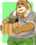  2020 4:5 anthro belly blush bodily_fluids brown_body brown_fur clothing eyewear food fur glasses hat headgear headwear hi_res kemono male mammal overweight overweight_anthro overweight_male plant solo straw_hat sweat tokyo_afterschool_summoners towel ursid vegetable video_games volos yaki_atsuage 