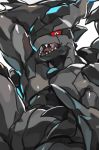  absurd_res ambiguous_gender anthro black_body bodily_fluids grey_body hi_res legendary_pok&eacute;mon looking_at_viewer nintendo open_mouth pok&eacute;mon pok&eacute;mon_(species) red_sclera saliva sharp_teeth simple_background solo suzusina teeth tongue tongue_out video_games white_background zekrom 