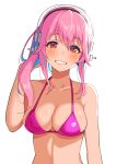  1girl aqua_hair bikini bikini_top blush breasts cleavage headphones highres large_breasts long_hair looking_at_viewer multicolored_hair natuichnyatuich nitroplus pink_bikini pink_hair ponytail red_eyes smile solo super_sonico swimsuit two-tone_hair upper_body 