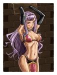  1girl armor armpits bikini_armor blush breasts brick_wall choker gloves hairband highres idolmaster long_hair looking_at_viewer medium_breasts midriff navel ooeyama_ken open_mouth purple_hair purple_hairband shijou_takane soldier_(dq3) solo 