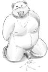  2020 anthro balls belly blush bodily_fluids cum cum_on_ground eyes_closed genital_fluids genitals hi_res kemono male male/male mammal monochrome moobs morningbread16 nipples overweight overweight_male penis simple_background solo_focus white_background 