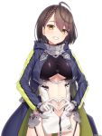  1girl absurdres ahoge azur_lane baltimore_(azur_lane) bangs bintz black_leotard blue_coat blush braid breasts brown_hair center_opening coat commentary cowboy_shot eyebrows_visible_through_hair faulds french_braid garter_straps gloves grin hair_between_eyes head_tilt heart heart_hands highres hood hood_down hooded_coat large_breasts leotard long_sleeves looking_at_viewer multicolored_coat navel navel_cutout open_clothes open_coat pelvic_curtain shadow shiny shiny_clothes short_hair side_slit sidelocks signature simple_background smile solo standing taut_clothes underboob underboob_cutout white_background white_gloves yellow_eyes zipper zipper_pull_tab 