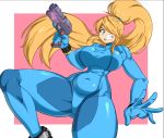  1girl belly blue_eyes bodysuit breasts clenched_teeth floating_hair gun hair_over_one_eye holding holding_gun holding_weapon large_breasts metroid mossy open_hand ponytail samus_aran skin_tight solo teeth thick_thighs thighs weapon zero_suit 