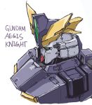  absurdres character_name english_text from_side green_eyes gundam gundam_aegis_knight gundam_build_divers gundam_build_divers_re:rise highres jugon_sushi looking_ahead mecha no_humans simple_background solo upper_body v-fin white_background 