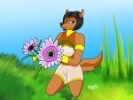  4:3 absurd_res anthro black_hair blue_eyes blush bodypaint domestic_cat felid feline felis female flower fur gold_(metal) grass hair hi_res looking_at_viewer mammal plant sharkarts simple_background smile solo young 