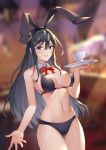 1girl absurdres animal_ears bare_arms bare_shoulders bikini black_bikini black_hair blue_eyes blurry blurry_background bow bowtie breasts bunny_ears cleavage cowboy_shot cup depth_of_field detached_collar fake_animal_ears groin hair_ornament hairclip hand_up highres large_breasts long_hair looking_at_viewer navel parted_lips sakurajima_mai seishun_buta_yarou solo standing stomach swimsuit teacup thighs tray yin_lan_xue 