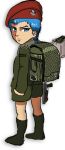  1boy backpack bag beret blue_eyes blue_hair chirico_cuvie clenched_hand gun handgun hat holding holding_gun holding_weapon looking_back missile_pod nishikawa_kun pistol solo soukou_kihei_votoms weapon white_background younger 