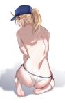  1girl ahoge artoria_pendragon_(all) ass ayakumo back bangs baseball_cap blonde_hair blue_eyes blue_headwear breasts fate/grand_order fate_(series) feet hair_through_headwear hat highres kneeling large_breasts long_hair looking_at_viewer looking_back mysterious_heroine_xx_(foreigner) open_mouth ponytail sidelocks simple_background soles topless white_background 