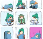  6+others black_eyes brown_hair cosplay crossover english_commentary fall_guy fall_guys fire_emblem fire_emblem:_the_blazing_blade green_hair looking_down looking_up lyn_(fire_emblem) lyn_(fire_emblem)_(cosplay) mark_(fire_emblem:_the_blazing_blade) mark_(fire_emblem:_the_blazing_blade)_(cosplay) multiple_others no_humans ormille 