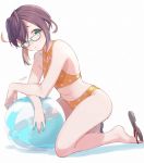  1girl ball beachball bikini blush breasts commentary_request eyebrows_visible_through_hair full_body glasses green_eyes kantai_collection kneeling looking_at_viewer navel okinami_(kantai_collection) open_mouth polka_dot purple_hair sandals short_hair simple_background solo swimsuit totto_(naka) white_background 