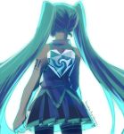  1girl absurdres arms_at_sides artist_name bare_arms bare_shoulders black_legwear black_skirt collared_shirt commentary cowboy_shot english_commentary facing_away green_hair green_theme grey_shirt haneoka_(electronic_musix) hatsune_miku heart highres legs_apart long_hair monochrome nape outline pleated_skirt see-through shirt shoulder_tattoo skirt sleeveless sleeveless_shirt solo standing tattoo twintails unknown_mother_goose_(vocaloid) upper_body very_long_hair vocaloid wowaka 