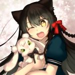  1girl ;d animal animal_ears animalization black_bow black_hair bow braid bunny cat_ears chia_aich fang green_eyes hair_between_eyes hair_bow harvest_moon_(youtube) highres holding holding_animal hug long_hair looking_at_viewer nekone_suzu one_eye_closed open_mouth red_bow short_sleeves simple_background skin_fang smile upper_body usaki_rabi very_long_hair virtual_youtuber yellow_eyes 